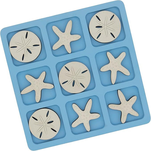 Beach Tic Tac Toe Game – Coastal Wooden Board Game with Sea Star vs Sand Dollar Pieces, Beach House Coffee Table Decor, Classic Two-Player Game, White Elephant Gift, 8.63-Inch Tic Tac Toe with Easel