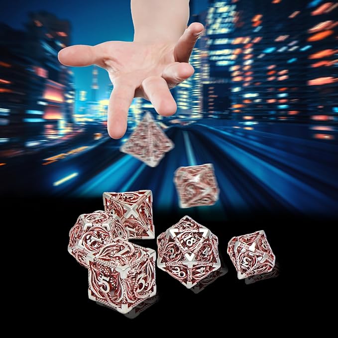 DND Dice,Hollow D&D Metal Dice,Dungeons and Dragons Dice Set with Gift Box,7 PCs Steampunk Polyhedral Dice Games Set for RPG,MTG,Pathfinder(Dragon red 1)