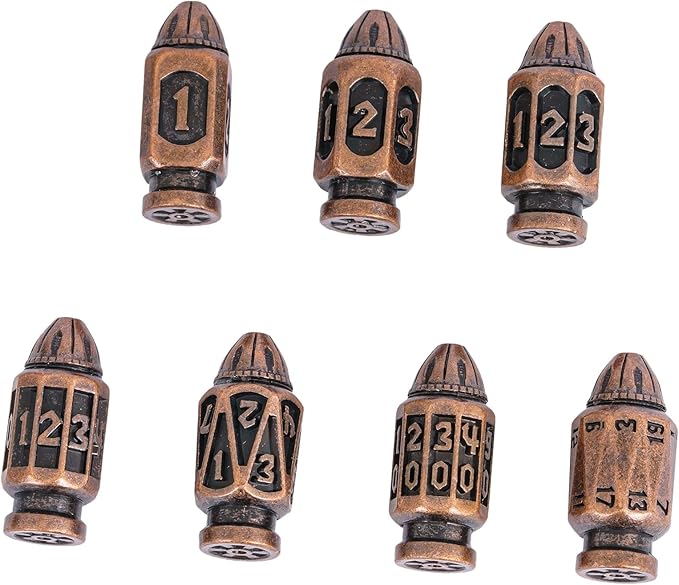 UDIXI Metal DND Bullet Dice Set with Unique Container, 7-Die Solid Polyhedral Metal Dice Set for D&D, Role Playing Game or Other Tabletop Games(Copper)