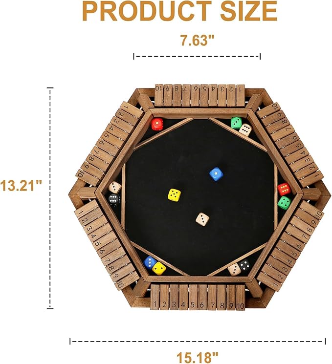 Exqline Shut The Box Game for 2-6 Players, Wooden Board Table Math Game with 14 Dice, 6 Way Classic Puzzle Board Games for Home Classroom or Pub