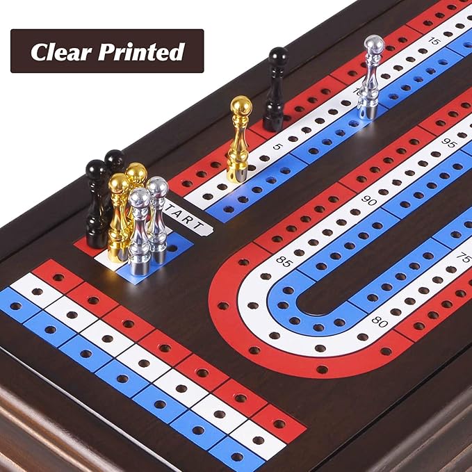 VAMSLOVE 16'' Cribbage Board Game Set Wooden 3-Track Scoreboard with Large Slots for Storing 2 Playing Cards and 9 Metal Pegs, Travel Family Game Night (Instruction Included)