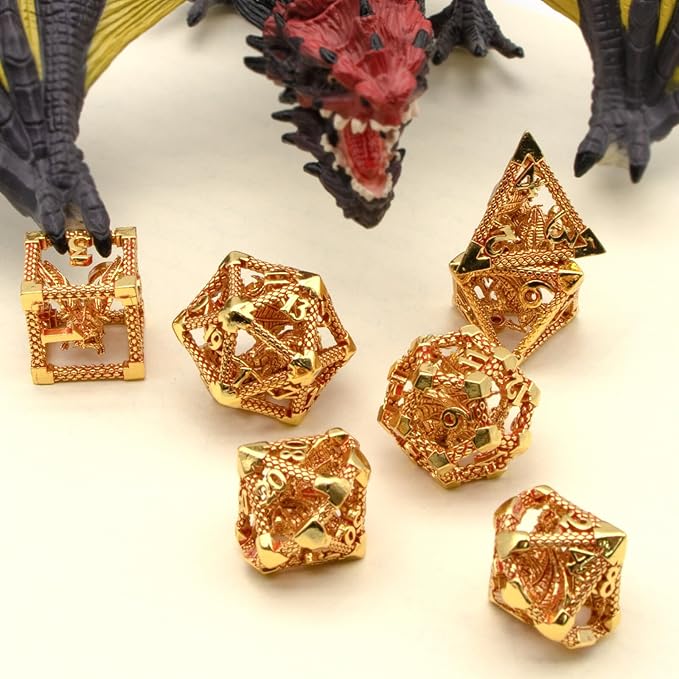 D&D Metal Dice Set - 7pc Polyhedral for Dungeons and Dragons, Role Playing, Table Games, RPG Shadowrun - Hollow Gaming Gift (Gold Red)