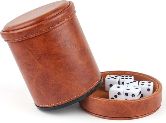 Brown PU Leather Dice Cup with Lid, Velvet Interior Quiet Dice Shaker Cup with 6 Dice for Liars Dice/Farkle/Yahtzee Games, 1 Pack