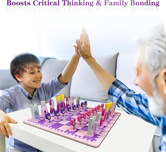 Cartoon Chess Set for Kids: 11.8" Unique Chess Board for Kids & Beginners - Pink Wooden Board Games Educational Toy for Adults Toddlers Family School Fun
