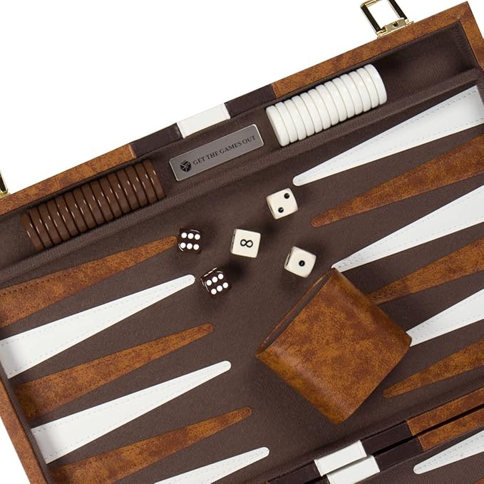 Get The Games Out Top Backgammon Set - Classic Board Game Case - 2 Players - Best Strategy & Tip Guide - Available in Small, Medium and Large Sizes (Brown, Medium)