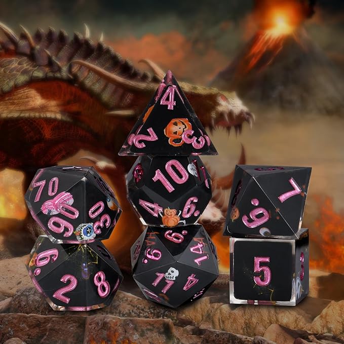 Core-Wrapped Dragon & Dungeon Dice - Heart, Skull, Pumpkin, D20, W20, Sharp Corners, Polyhedral Role Playing Gaming Dice