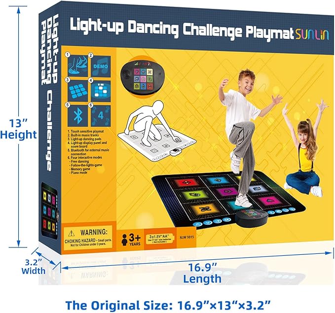 SUNLIN Light Up Dance Mat, Toy Gift for Girls Boys 3-10, Wireless Dance Pad w/ 9 Light-Up Buttons & Bluetooth, Music Pad w/ 4 Game Modes, Volume Control, Birthday Gifts for 3 4 5 6 7 8 Years Old Kids