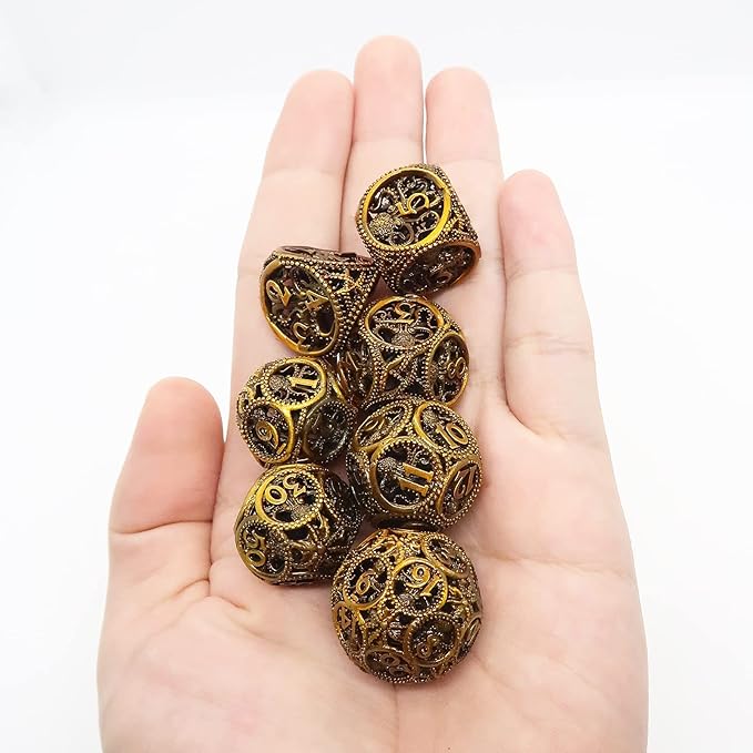 DND Dice,Hollow D&D Metal Dice,Unique Round Ball Design Octopus Dice with Gift Box for Dungeons & Dragon Gaming,7 PCs Steampunk Polyhedral D and D Dic(Ball Octopus Ancient Gold)