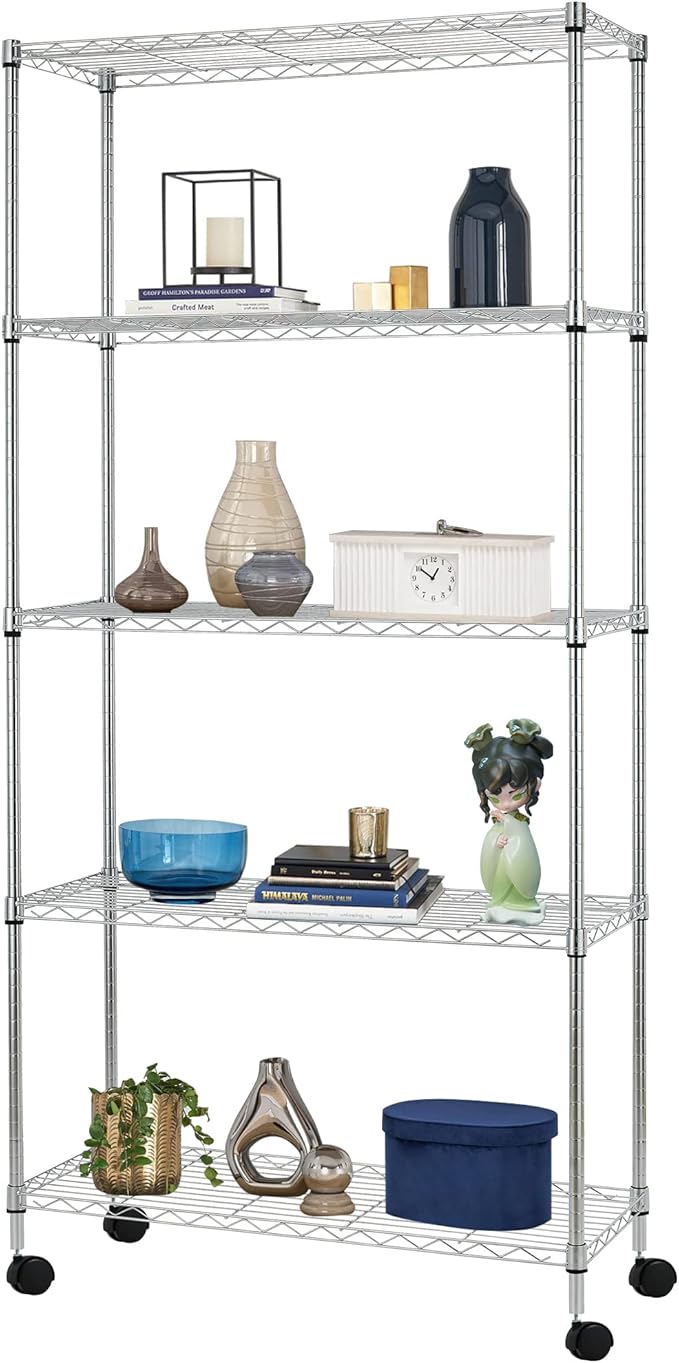 BestOffice 14Dx30Wx60H 5-Tier Wire Shelving Unit Steel Large Metal Shelf Organizer Garage Storage Heavy Duty NSF Height Adjustable Commercial Utility Storage Metal Rack on Wheels,Chrome
