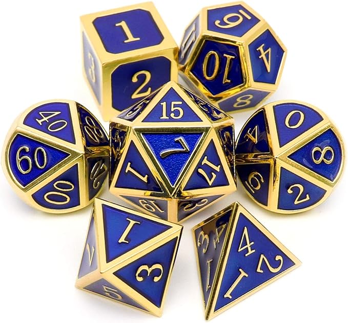 Haxtec Metal DND Dice Set 7 Die Gold Blue Metal D&D Dice for Dungeons and Dragons Games-Glossy Enamel Dice (Gold Blue)