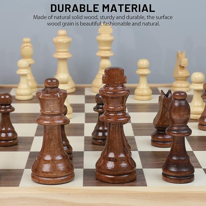 LEAP Wooden Chess Set 17" Inches - 2 Extra Queens - Folding Board Raised Edge, Handmade Portable Travel Chess Board Game Sets with Game Pieces Storage Slots - All Age Chess Set for Adults and Beginner