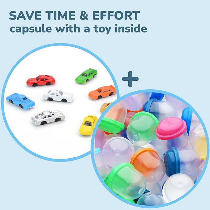 Entervending Racing Car Toys in Capsules - 50 Pcs - 1.1 Inch Plastic Capsules with Mini Racing Cars Toys for Kids inside - Bulk Easter Basket Stuffers Classroom Prizes