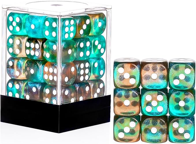 36 Pieces 12mm 6 Sided Mini Dice Set,Two Colours Glitter D6 Game Dice Set,6 Sided Standard Game Dice for Board Games Dice Games Classroom Teaching Dices Game,with Portable Gaming Box(Orange & Green)