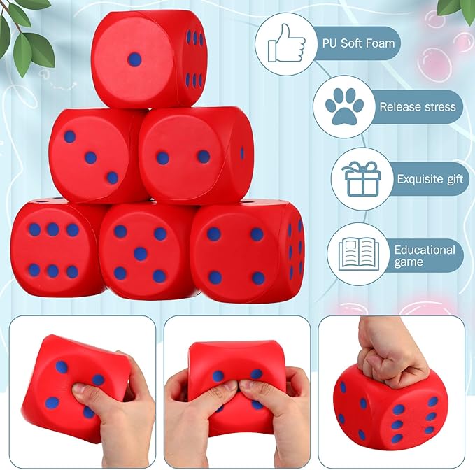 6 Pcs 4" Large Foam Dice Giant Cube with 6 Sided Number Dots Jumbo Soft Slow Big PU Foam Stress Ball for Party Game Math Learning Props Stress Relief Gifts(Red)