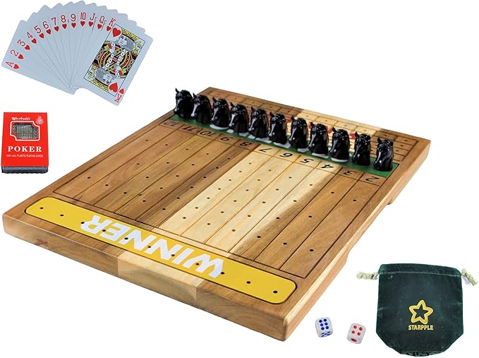 Metal Horse Race Board Game Set with Horse Racing Thick & Solid Wood Game Board, 11 Luxurious & Durable Classic Black Colored Metal Craft Horses, Dice and Cards for Horseracing (HR-652)