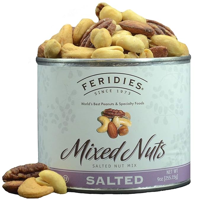 FERIDIES Deluxe Mixed Nuts Salted (9 Ounce) Nut Tin Vacuum Sealed Packaging. Cashews, Almonds, Pecans, Hazelnuts, and Macadamias.
