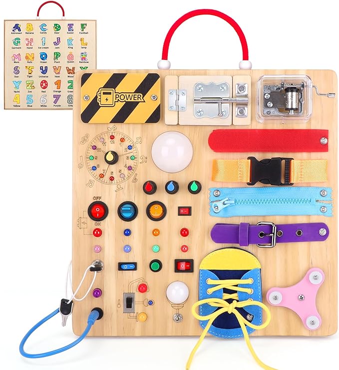 Busy Board,Montessori Toys for 1-3 Years Old, Wooden Toddler Toys, Autism Sensory Travel Toys, Ideal Gift for 1+ Year Old Boys (Busy Board Plus v3)