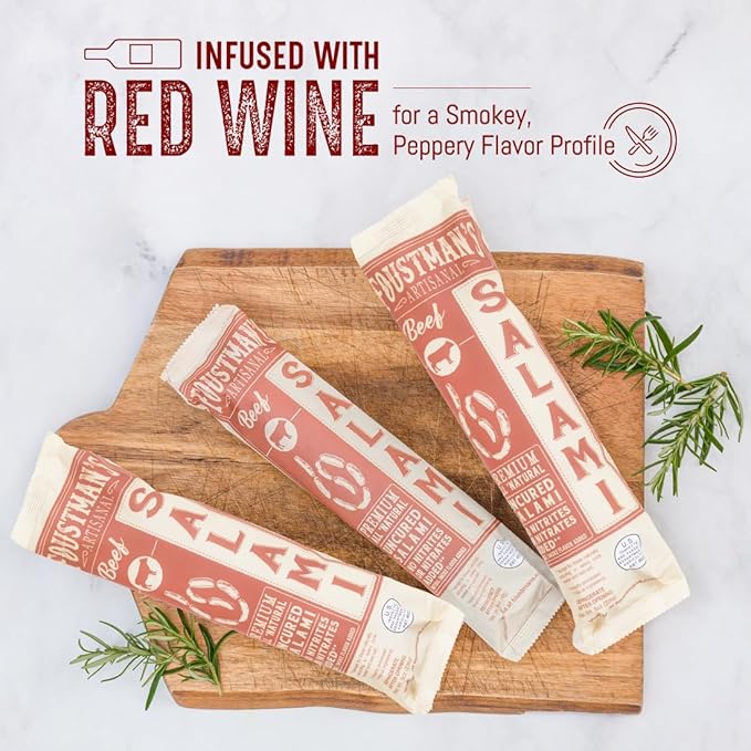 Foustman's Salami Beef Salami, Artisanal Beef Salami, Authentic Flavor for Versatile Snacking and Keto Diets, Gluten-Free, Dairy-Free, Nitrate-Free, Pack of 3, 8 Oz Sticks Each