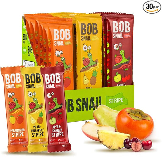BOB SNAIL Healthy Organic Fruit Snacks for Kids and Adults – 30 Organic Fruit Leather Snacks with Persimmon, Pear-Pineapple,Cherry – Vegan Low-Carb Variety Pack Strips for Kids – Sugar Free Jerky Bars