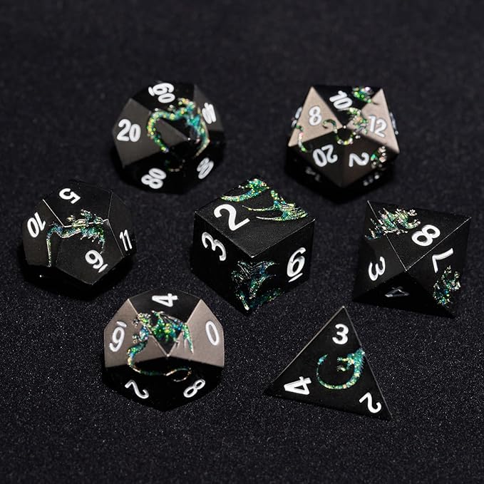 D&D Dice Set Metal Dragon Polyhedral DND Dice Set with Dragon Gift Box for Game Dice Dungeons and Dragons TTRPG(Black with Glitter Green Dragon)
