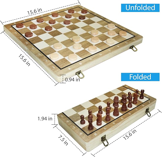 (Upgraded Magnet) 15" Magnetic Chess & Checkers Set, 2 in 1 Board Game, Wooden Handcrafted Folding Chess Board Portable Chess Set with Storage Slots & 2 Extra Queens,Great Gift for Adults & Kids