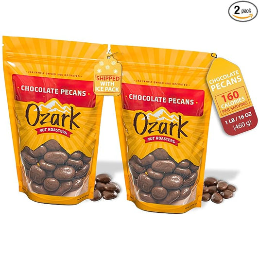 OZARK NUT ROASTERS, Chocolate-Covered Pecans, Chocolate Flavored Savory Snacks, World-Class Gourmet Candied Nuts, Resealable Pack of 2 (16.0 oz)