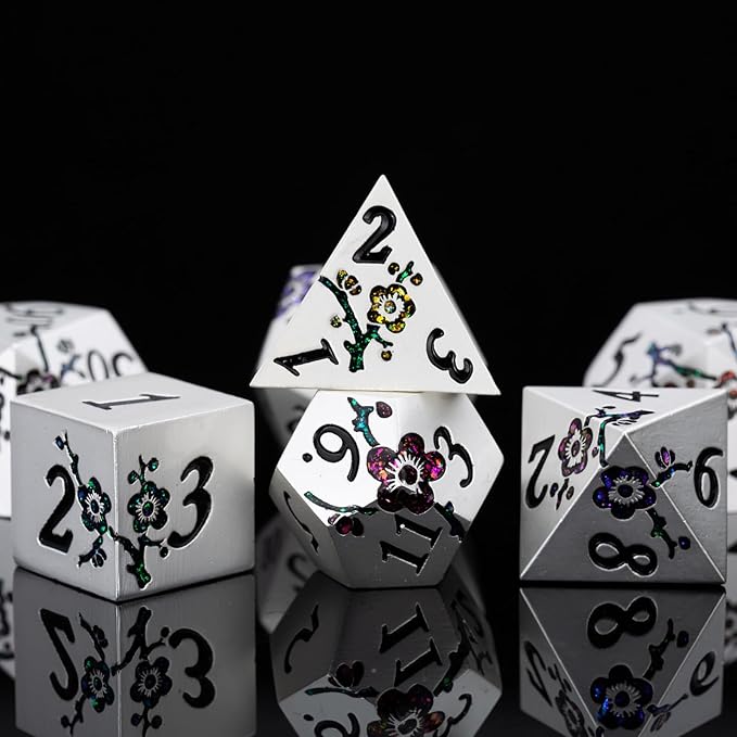 7 PCS Solid Metallic Flower D&D Dice Set,Metal Dungeons and Dragons Dice Set with Gift Box for DND Tabletop Game (Silver-Seven Colour Brocade)