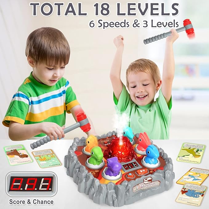 Yerloa Whack Game Mole Dinosaur Toys for Kids 2 3 4 Year Old Boy Birthday Gift, Sensory Toddler Boy Toys for Ages 2-4 2-3 4-6 3-5 Dino Volcano Learning Easter Gifts with 2 Hammers, Music Spray Light