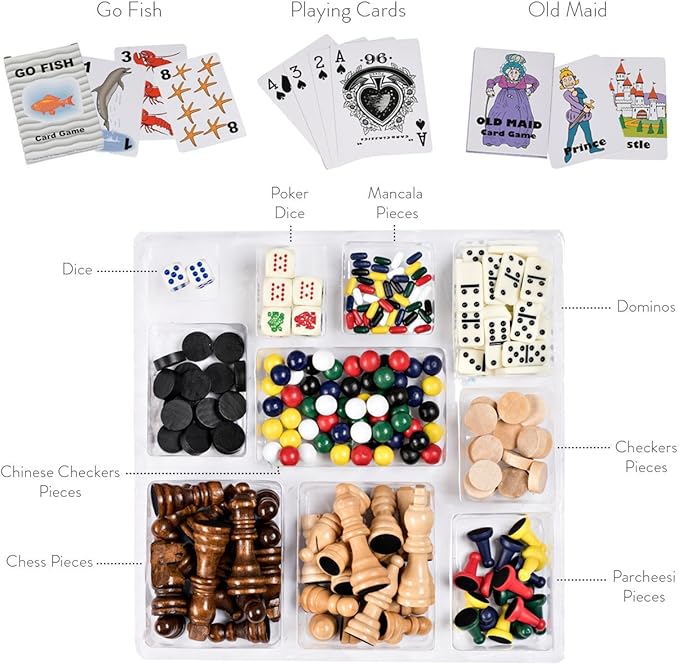 Board Game Set - Deluxe 15 in 1 Tabletop Wood-accented Game Center with Storage Drawer (Checkers, Chess, Chinese Checkers, Parcheesi, TicTacToe, SOlitaire, Snakes and Ladders, Mancala, Backgammon, Poker Dice, Playing Cards, Go Fish, Old Maid, and Dominos)