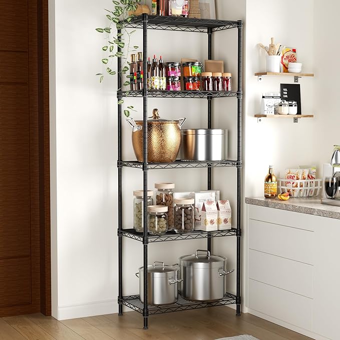 5 Tier Adjustable Storage Shelves Heavy Duty Metal Utility Shelf 750LBS Capacity Wire Shelving Unit Organizer Rack for Home Kitchen Office Bathroom Pantry Room 12" D x 22" W x 59" H Black