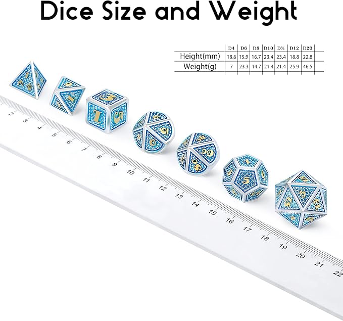 DNDND Dragon Skin Metal Dice Set, 7 PCS Metallic D&D Die with Metal Tin for DND Game (Azure with Silver Edge)