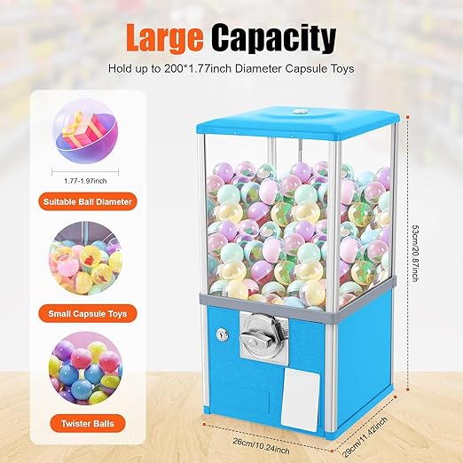 Gumball Vending Machine, Big Bubble Candy Dispenser Machine Candy Gumball Machine Bank, 2 25 Cent Coins Per Side, 1.77in Capsule Toys, Gum Ball Vending Machines for 25 Cent Coin Only (Blue)