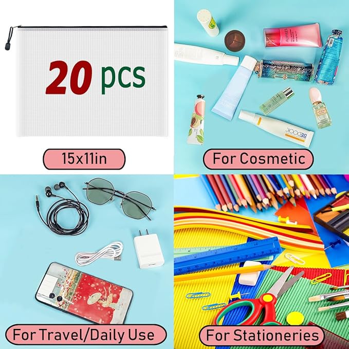 AUSTARK 20 Pcs Zipper File Bags, Plastic Mesh Pouch, Board Game Storage, Waterproof Bags for Office School (B4 Size 15''x11'', White and Black)