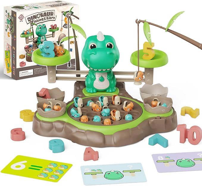 2 in 1 Dinosaur Magnetic Fishing & Balance Math Game, 21 Pcs Dinosaur Toys with 10 Interactive Math Cards, Math Learning Counting Toys, Pre-Educational Board Game for Ages 3-6 (Red)