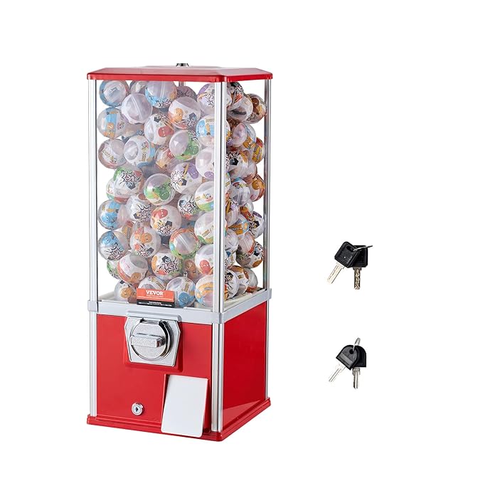 VEVOR Gumball Machine for Kids, 25" Height Home Vending Machine, PS Bouncy Balls Dispenser, Hold 230 Capsule Toys, Rectangle Bubble Gum Machine for Game Stores, Coin Operated Gumball Bank, Red