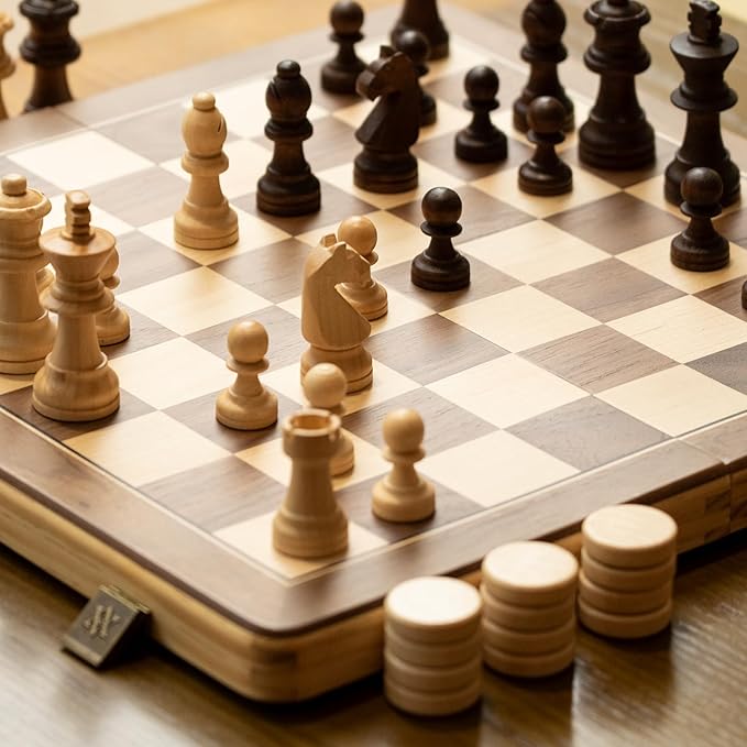 A&A 15" Magnetic Wooden Chess Set/Folding Board / 3" King Height German Knight Staunton Chess Pieces/Mahogany & Maple Inlaid /2 Extra Queen