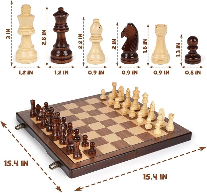 2 in 1 Magnetic Chess Set and Checkers Board Game Set 15" Wooden Folding Chess Board with 2 Extra Queens Travel Chess Sets Family Board Game Gift for Kids, Adults Portable Elegant Classic Chess Game