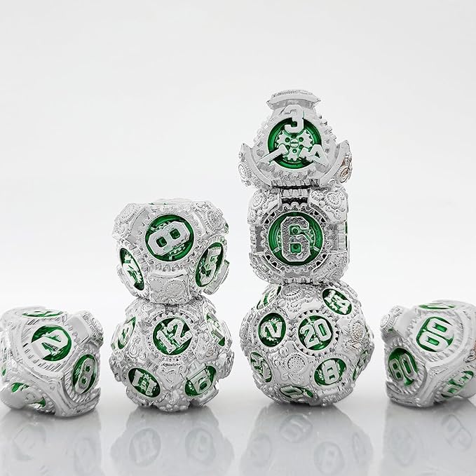 Geakeeper Construct D&D Dice, Metal DND Dice Set, 7Pcs Polyhedral Dragon Metallic D&D Dice with Gift Case for Dungeons and Dragon Game, RPG Role Playing Table Game Gifts (Green Silver)