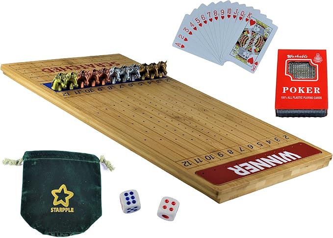 Metal Horse Race Board Game Set with Horse Racing Thick & Solid Wood Game Board(22”/Natrual),11 Luxurious with 4Antique(Gold,Silver,Red Cooper&Bronze) Metal Craft Horses, Dice&Cards (HR-F554)