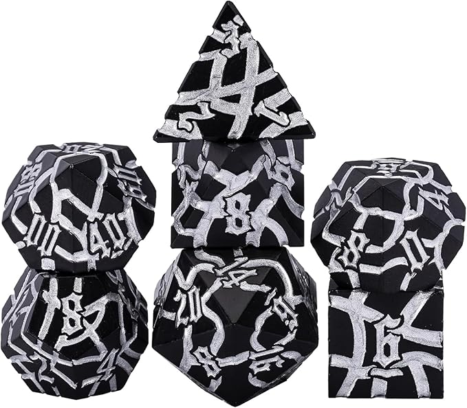 D&D Stripe Dice Set,Black Metal Dungeons and Dragons Dice Set with Box, Crack Polyhedral Dice for RPG Board Games (Matte Black Silver)