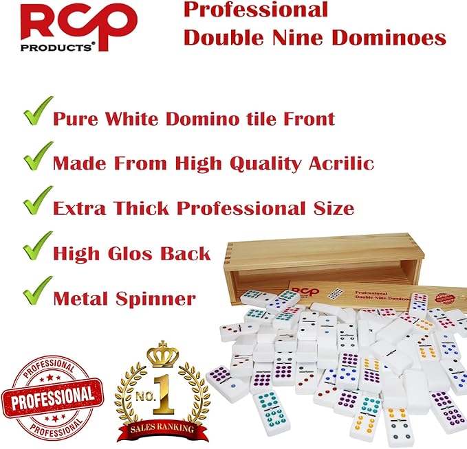 Dominos Set for Adults – Professional Double 9 Dominoes Set of 55 Tiles for Adults, Metal Spinner, Classic and Travel Board Game with Wood Case Juegos de Mesa (White)