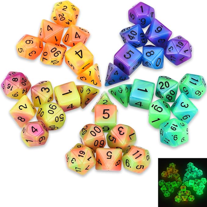 Glow in The Dark DND Dice Set 11 x 7 Polyhedral Dice (77pcs) for Dungeons and Dragons Tabletop Role-Playing Games, with a Drawstring Bag