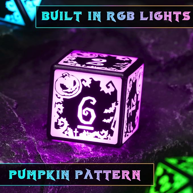 Light Up DND Dice Set Rechargeable with Charging Case for Dungeons and Dragons LED Dice Set D and D 7 Color Polyhedral Role Playing RPG Dice for Tabletop DND Gifts (Pumpkin RGB)