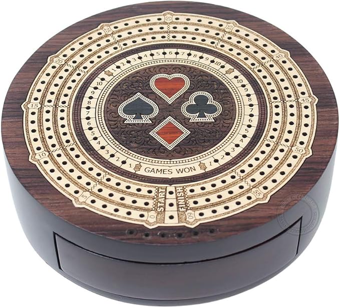 Round Shape 3 Track Non-Continuous Cribbage Board - Push Drawer Storage for Pegs and 1 Deck of Cards with Score Marking Fields for Won Games (Rosewood/Maple Wood)