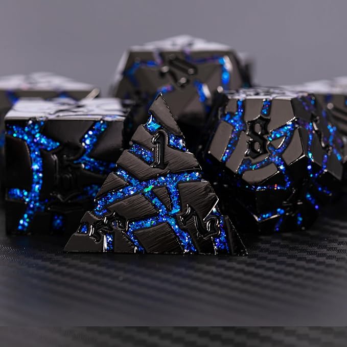 DND Crack Stripe Dice,Metallic Glitter Dice Set with Gift Box,Metal Polyhedral D&D Dice for Role Playing Game(Black Nickel Blue)