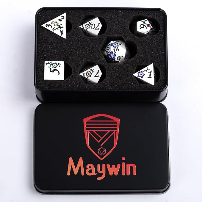 7 PCS Solid Metallic Flower D&D Dice Set,Metal Dungeons and Dragons Dice Set with Gift Box for DND Tabletop Game (Silver-Seven Colour Brocade)