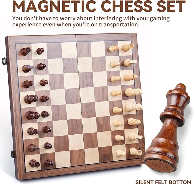 15'' Wooden Chess Set with Shut The Box Game, Magnetic Chess Board-2 Extra Queens-Pieces Storage Slots, Wooden Board Table Math Game, 2-in-1 Folding Board Game Set for Kids, Adults,Beginner