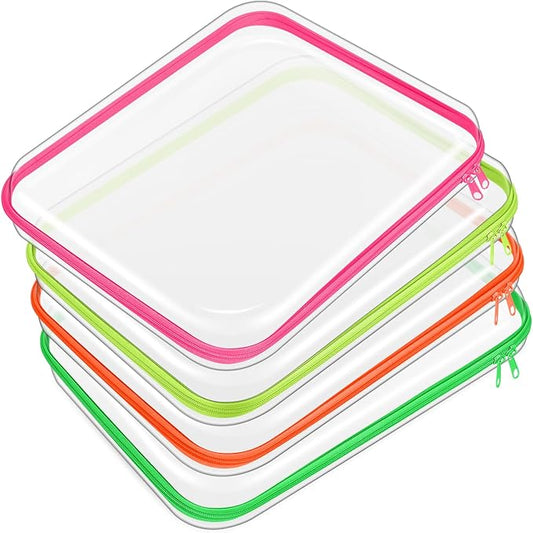 Hoolerry 4 Pcs Hard Clear Zipper Case Transparent Cases for Snacks Makeup Bag Plastic Storage Box Containers for Building Blocks, Puzzles, Cosmetics(Fluorescent,13.8 x 11.8 x 2 in)
