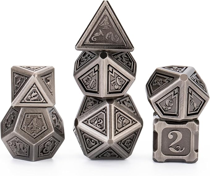 Metal dice 7 pcs DND Dice Set with Beautiful Gift Box for Dungeons and Dragons MTR PRG Tabletop Games (Silver-Grey)