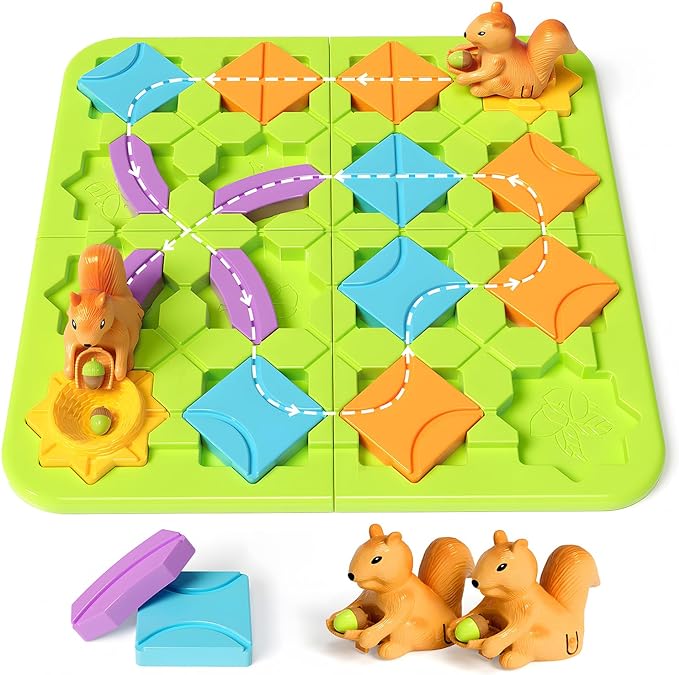 STEM Board Games Kids Toys, Maze Brain Teaser Puzzles Learning Games for Kids Ages 4-8 118 Challenges 5 Difficulty Levels Squirrel Logic Track Building Blocks, Educational Montessori Birthday Gifts